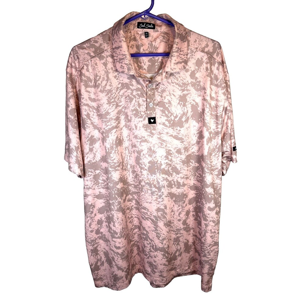 Bad Birdie Core Performance Golf Polo Shirt Men 2XL Pink Beige Print Exc Cond